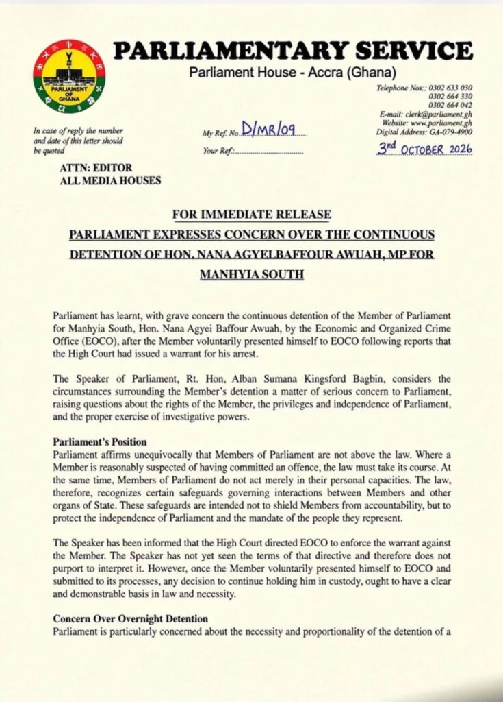 Release by Parliament of Ghana